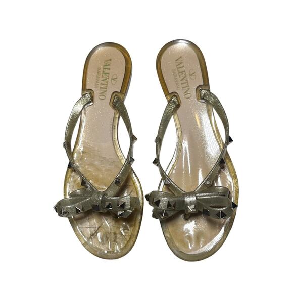 Valentino Garavani Gold PVC Jelly Rockstud Thong Bow Flat Sandals Shoes 38 - Picture 3 of 8